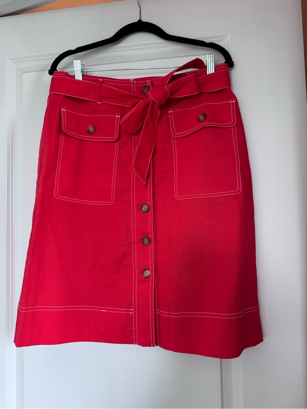 J. Crew Bright Red Button-Front A-Line Skirt with Tie Waist